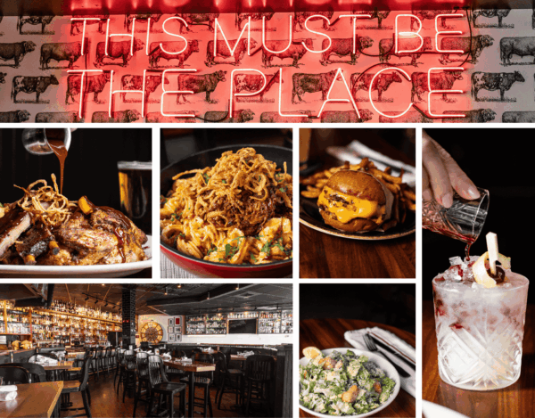 Sharps RoastHouse collage featuring signature dishes, handcrafted cocktails, a bold neon sign reading “This Must Be The Place,” and a view of the modern, fully stocked bar and dining area.