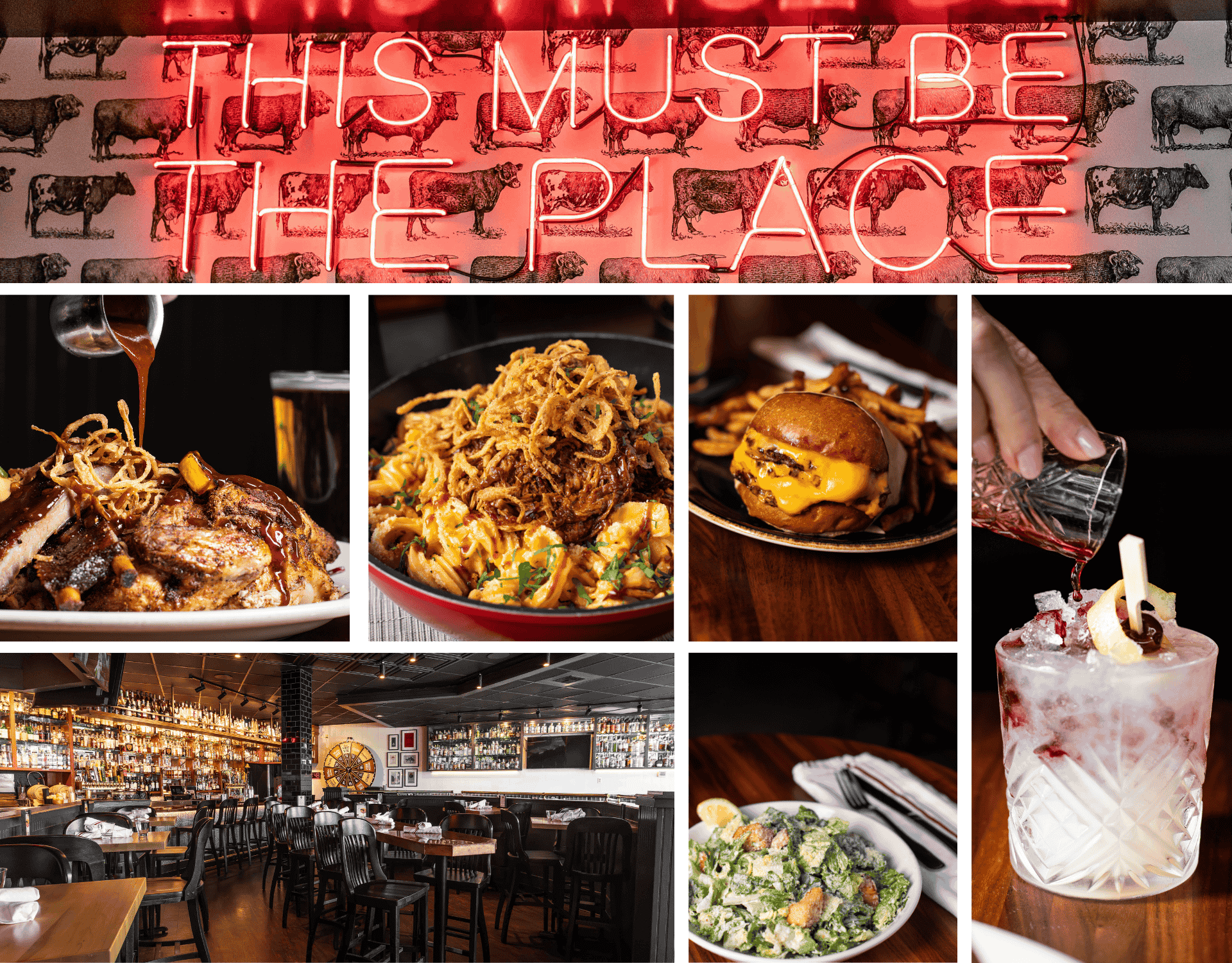Sharps RoastHouse collage featuring signature dishes, handcrafted cocktails, a bold neon sign reading “This Must Be The Place,” and a view of the modern, fully stocked bar and dining area.