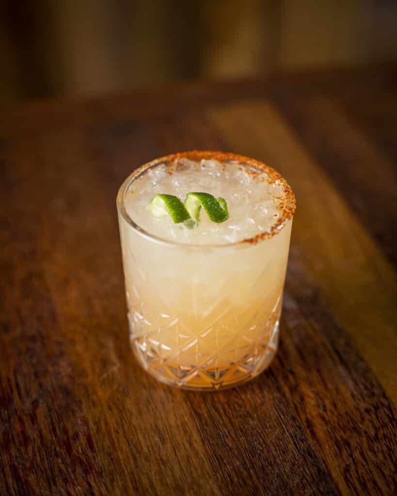 Mezcal, BroVo Tacoma Punk liqueur, fresh grapefruit, Tajin rim, spiraled lime