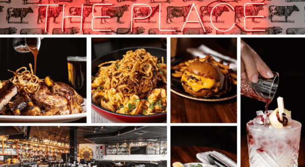 Sharps RoastHouse collage featuring signature dishes, handcrafted cocktails, a bold neon sign reading “This Must Be The Place,” and a view of the modern, fully stocked bar and dining area.